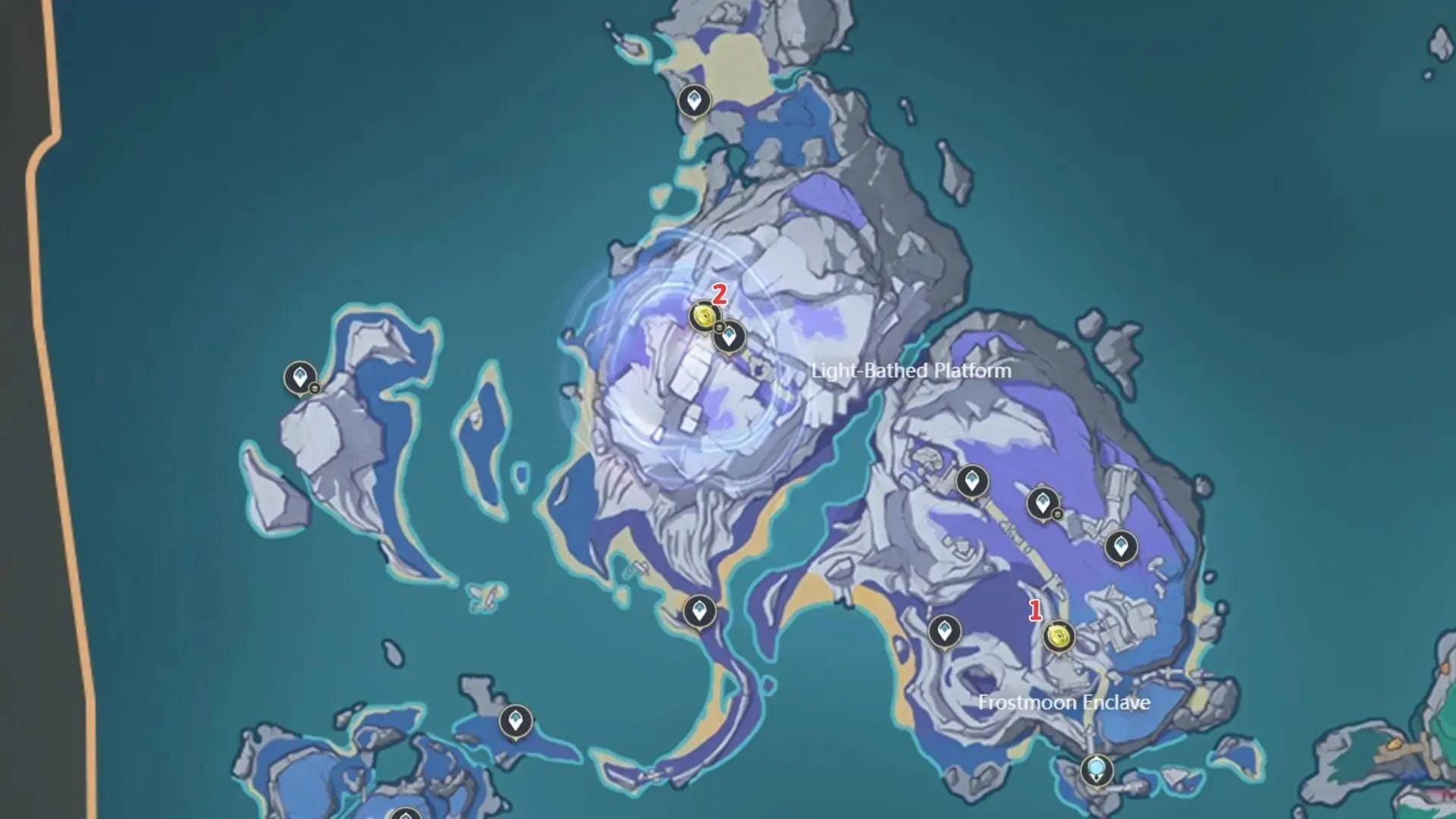 Genshin Impact Hiisi Island map with Frostnight Herras farm route