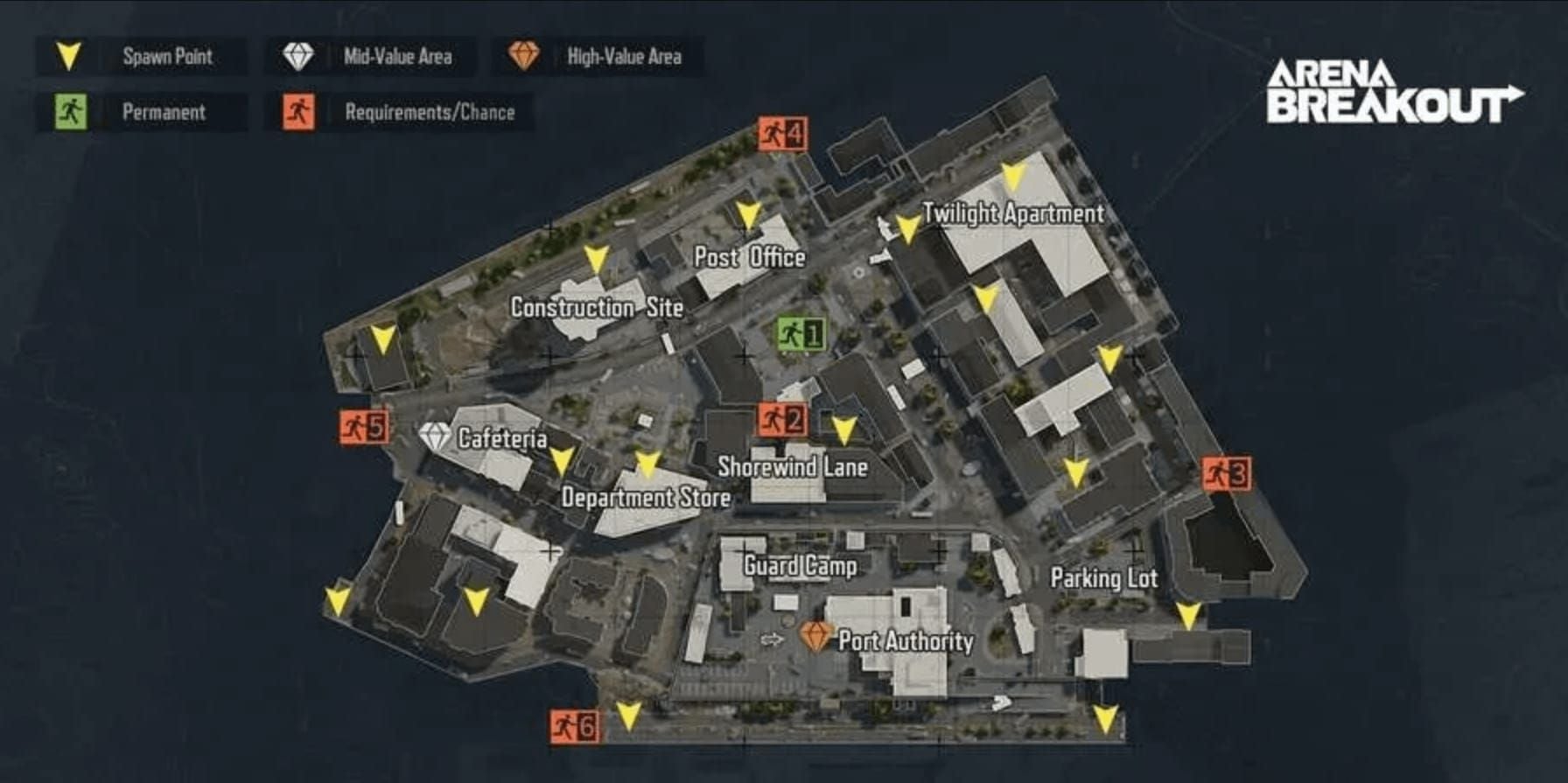 Arena Breakout Northridge Terminal map showing TV Station faction spawns and key locations