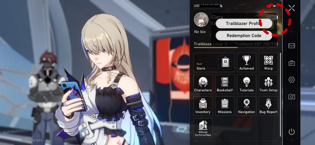 Honkai Star Rail redemption code menu interface for entering livestream gift codes