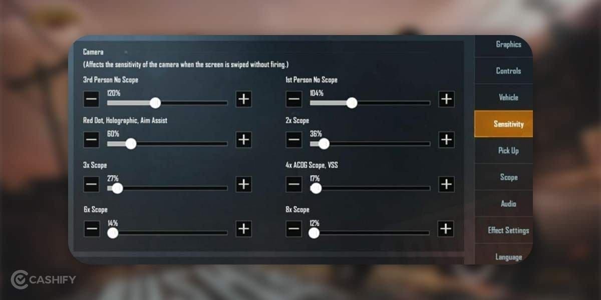PUBG Mobile camera sensitivity settings interface with red dot 52-60% and 4x scope 22-27%