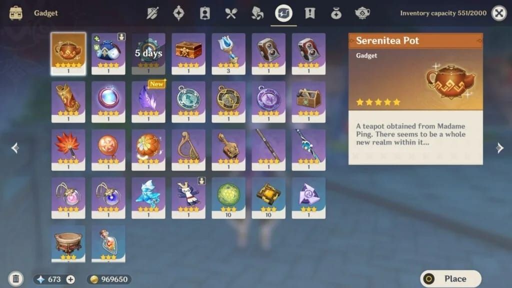 Genshin Impact Serenitea Pot 6.0 inventory with replica limit 20