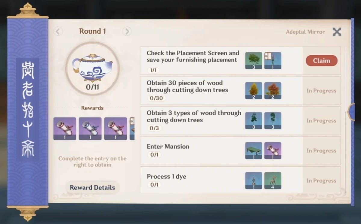 Genshin Impact Serenitea Pot Adeptal Mirror showing energy tiers and RC rates