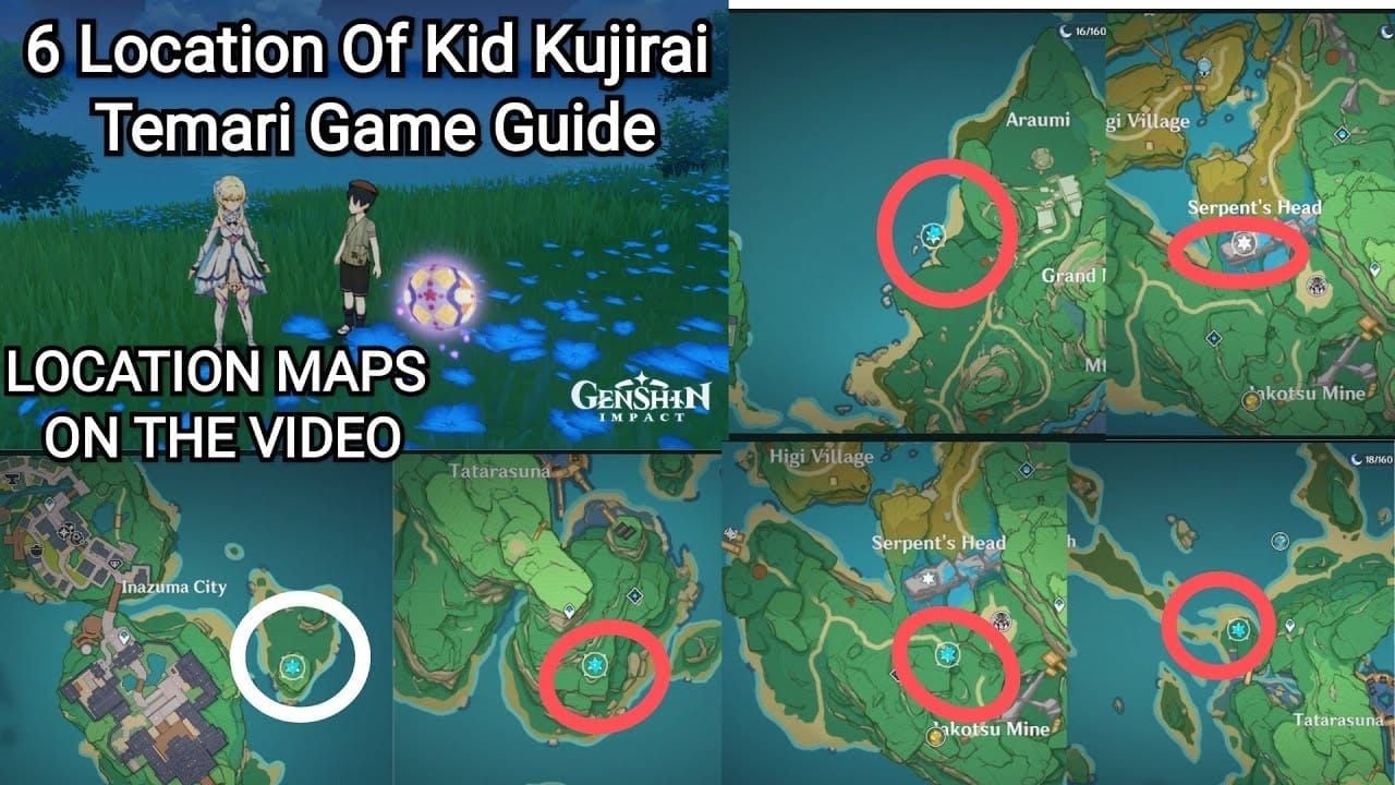 Genshin Impact Inazuma map with all Kid Kujirai Temari NPC locations marked