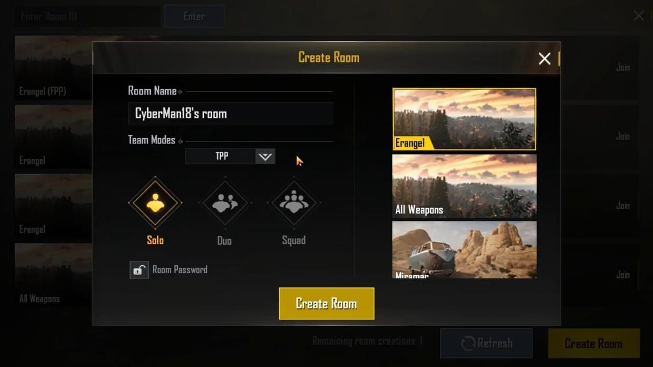 PUBG Mobile custom room creation interface using Advanced Room Cards