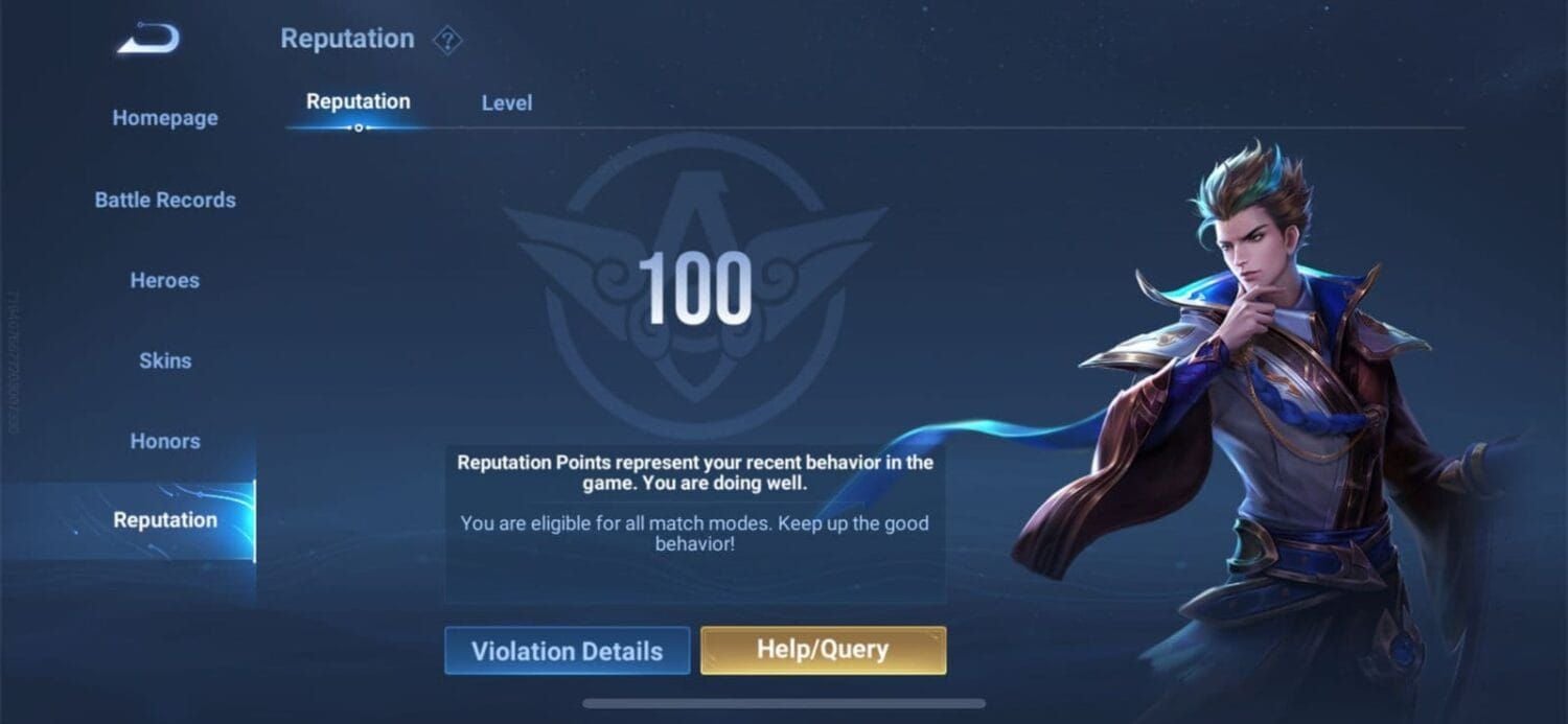 Honor of Kings player profile menu showing reputation points and penalties