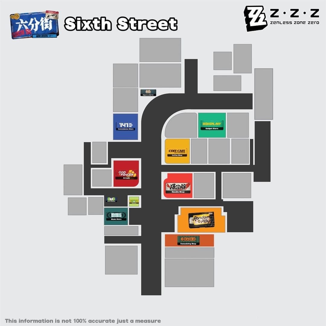 Zenless Zone Zero map of Coff Cafe locations on Sixth Street and Lumina Square