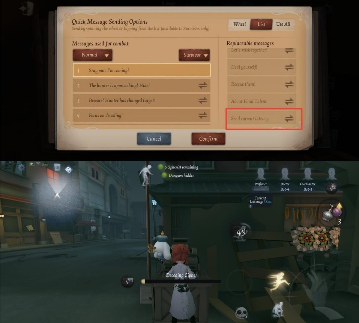 Identity V network latency indicator showing green, yellow, and red ping colors