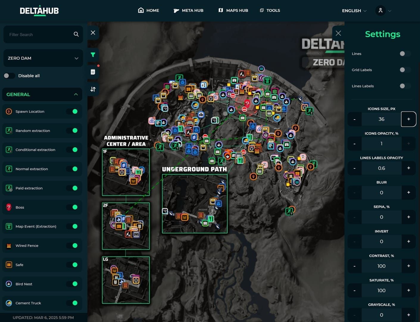 Delta Force Zero Dam Admin Building floor map showing spawns, entries, and stairwells