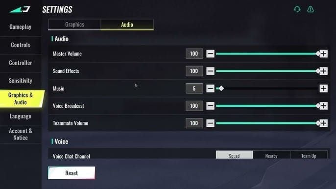 Blood Strike audio mixer interface with volume sliders for Dead Silence counter settings