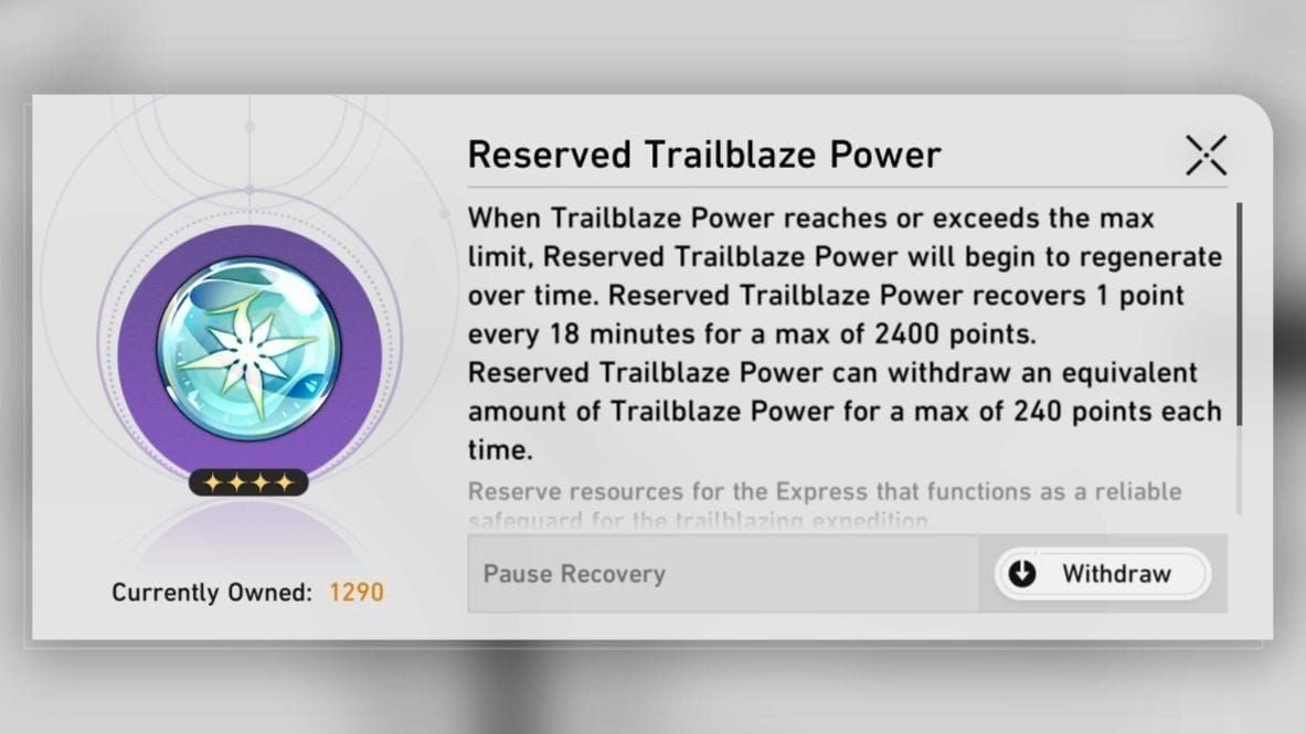 Honkai Star Rail Reserve Trailblaze Power accumulation chart over 30 days showing daily gains to 2400 cap