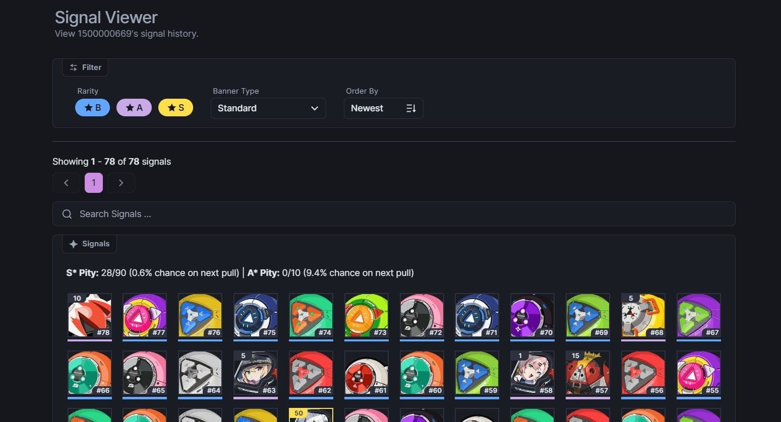 Zenless Zone Zero Signal Search History tab showing colored pull records