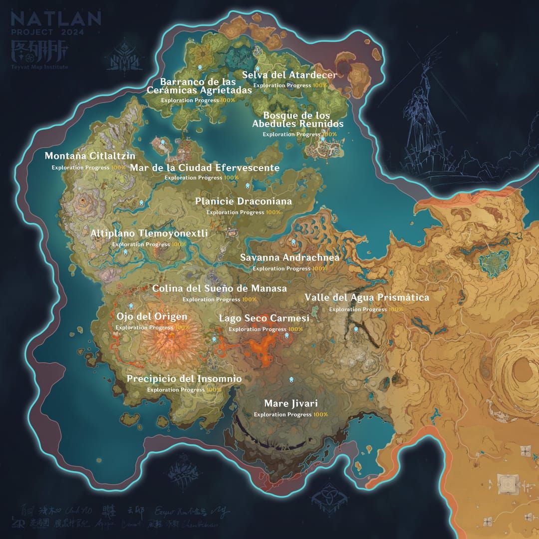 Interactive map of Natlan in Genshin Impact showing terrain for Mavuika Flamestrider traversal routes
