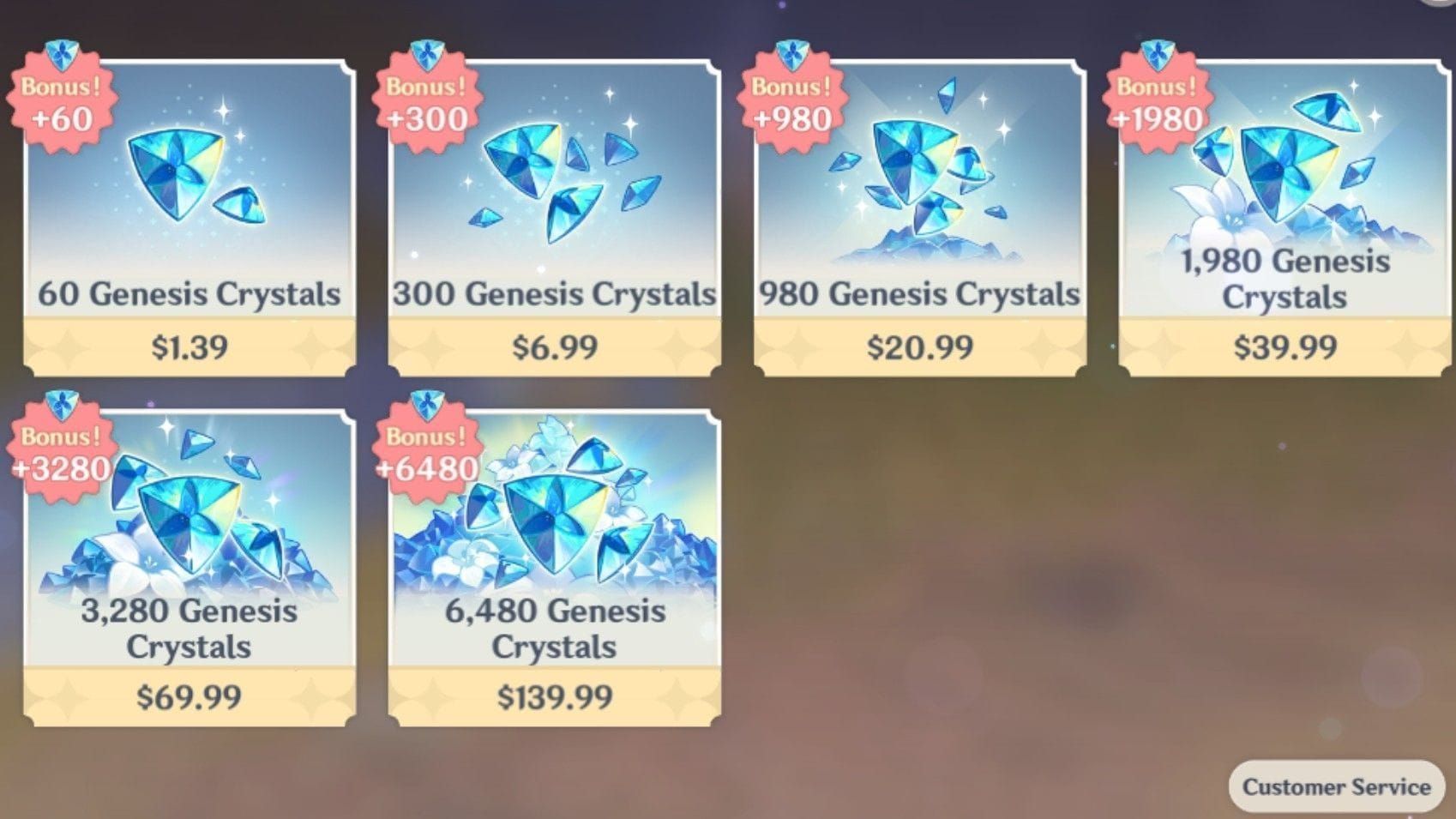 Genshin Impact Genesis Crystal shop interface showing crystal packages and pricing options