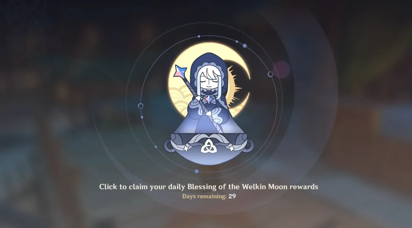 Genshin Impact Blessing of the Welkin Moon purchase screen showing monthly benefits and 180-day maximum stacking