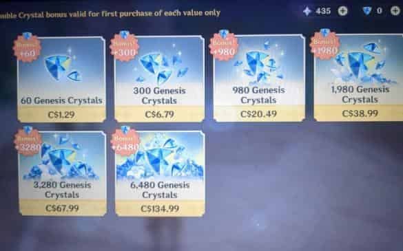 Genshin Impact Genesis Crystal purchase interface showing official currency options