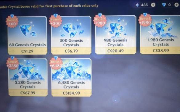 Genshin Impact Genesis Crystal purchase interface showing pricing tiers and first-time bonus options