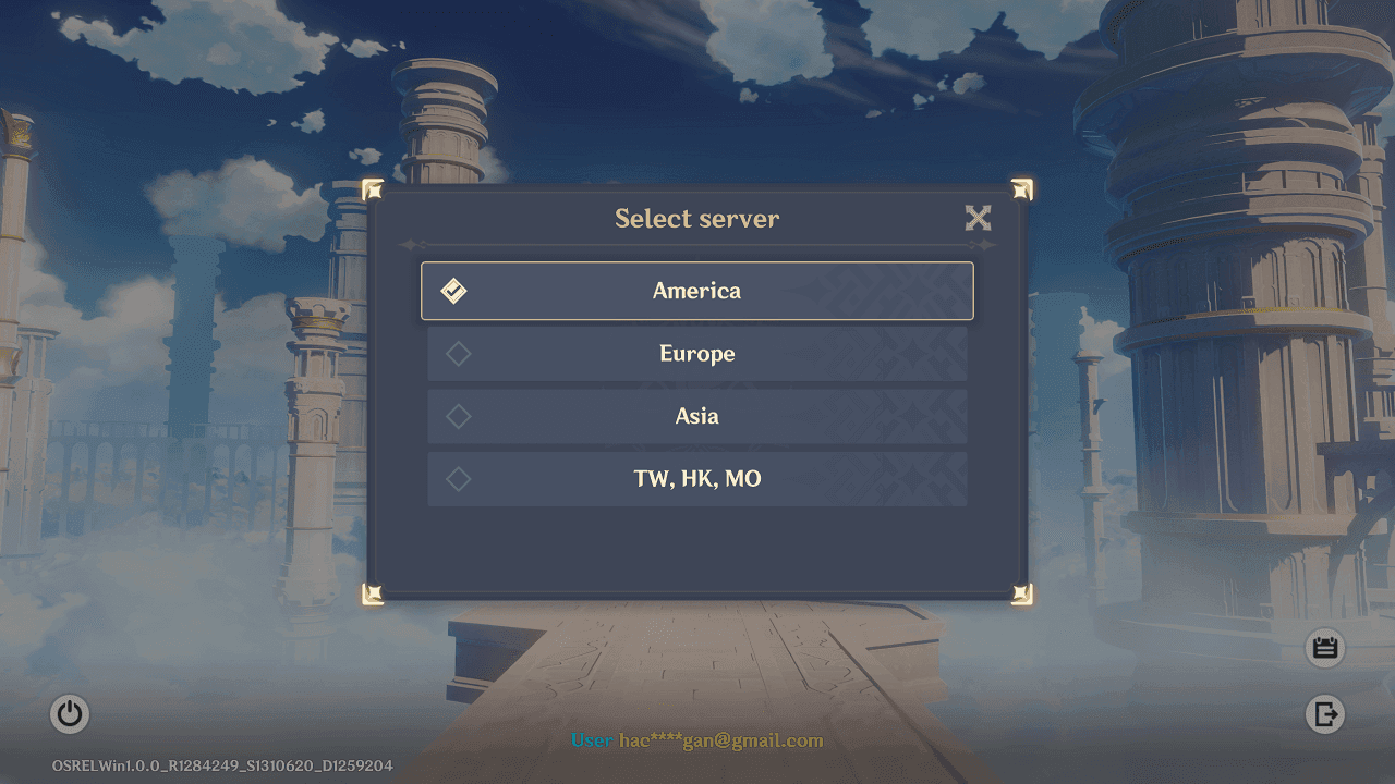 Genshin Impact server selection interface displaying regional server options