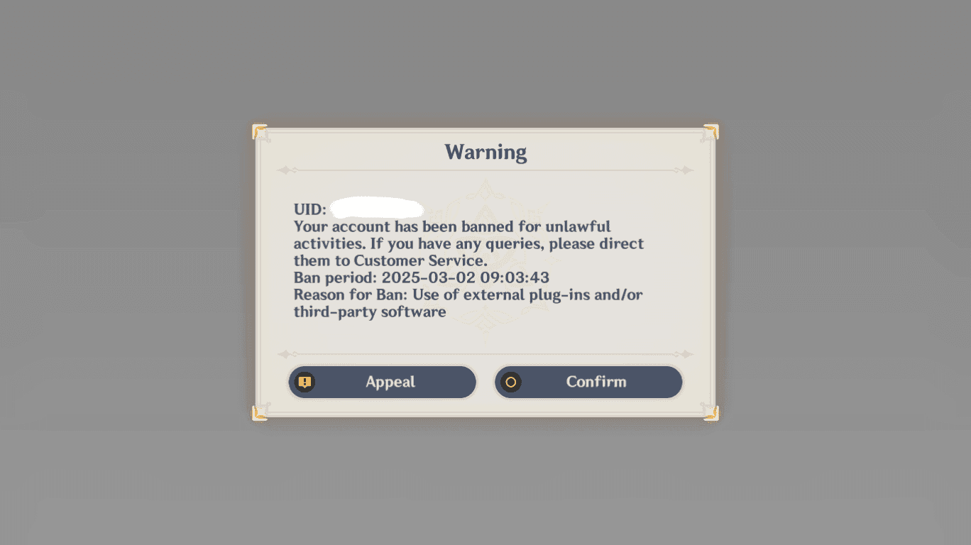 Genshin Impact account warning message showing consequences of unauthorized crystal purchases