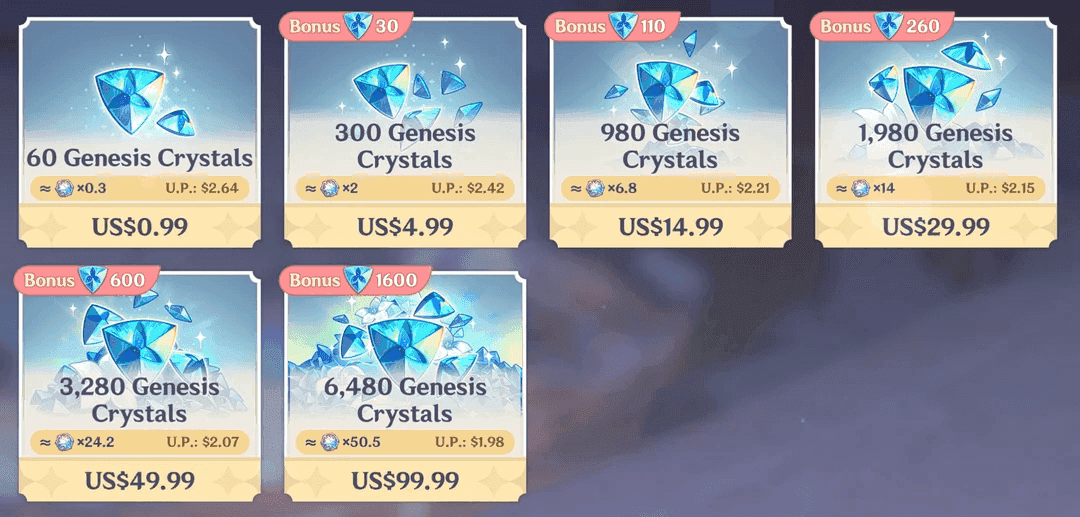 Genshin Impact Genesis Crystal purchase interface displaying various crystal packages and their prices