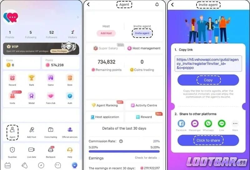 Poppo Live app settings interface displaying Join Agency section and Leave Agency option