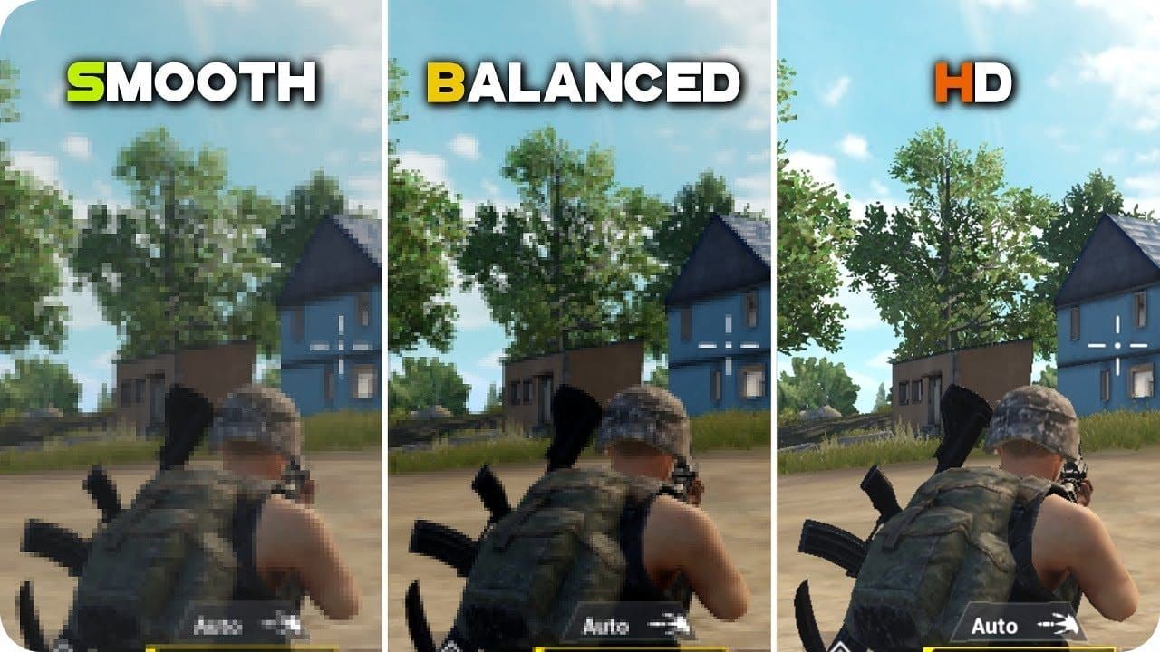 Comparison of PUBG Mobile Ultra HD vs Smooth graphics showing texture and foliage differences for better visibility