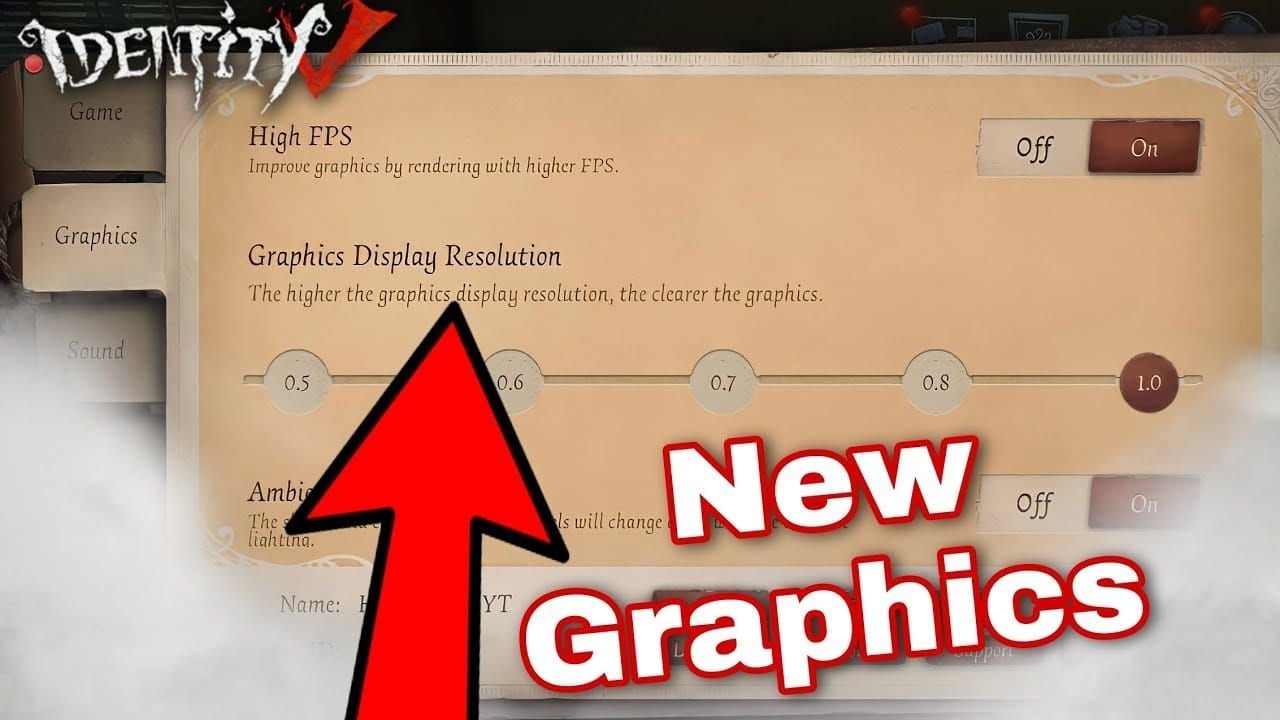 Identity V in-game graphics settings menu with quality, frame rate, and effects options