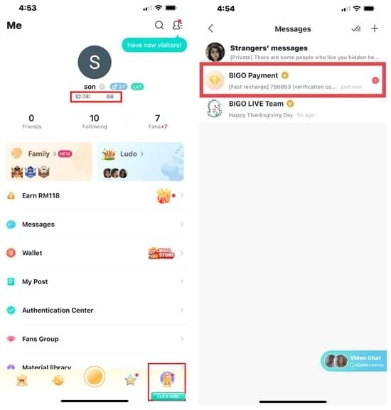 Bigo Live app Me tab showing numeric user ID for top-ups