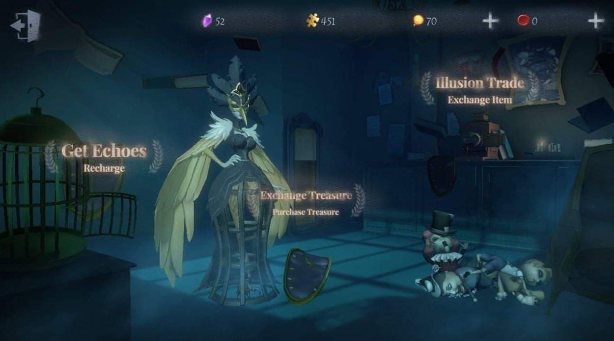 Identity V Illusion Hall menu interface showing costume rotations