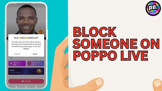 Instructional screenshot guide for blocking a user profile in Poppo Live app
