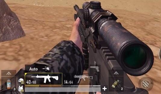 PUBG Mobile Training Ground screenshot showing M416 with 8x scope and crosshair drift at 50m target