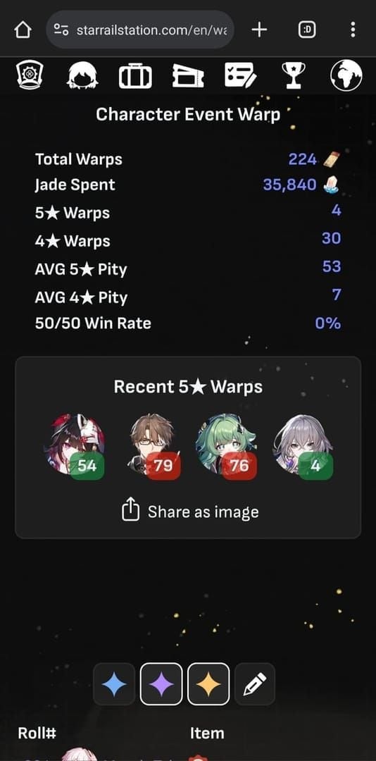Honkai Star Rail warp menu history showing pity count and guarantee status