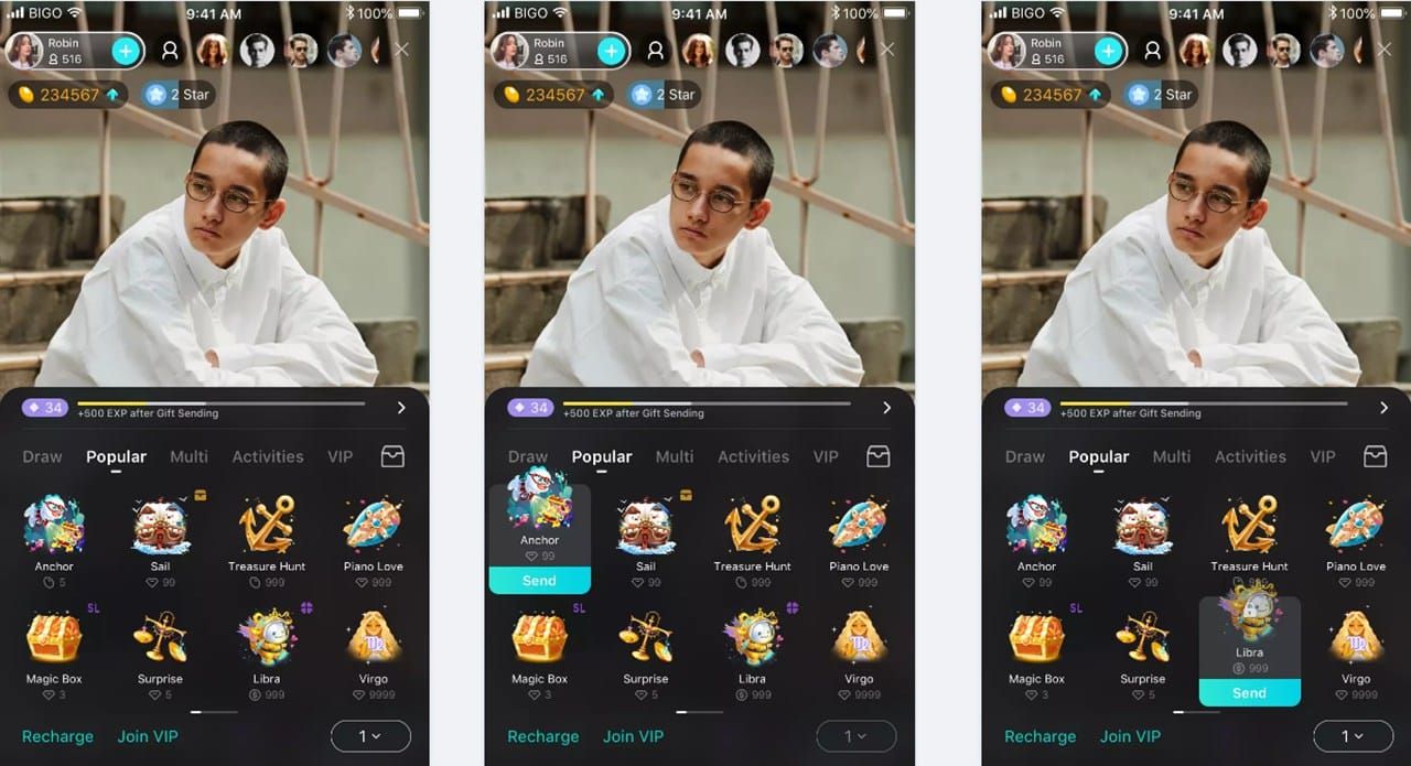 واجهة تبويبات الهدايا في Bigo Live: Activities و Backpack و Popular