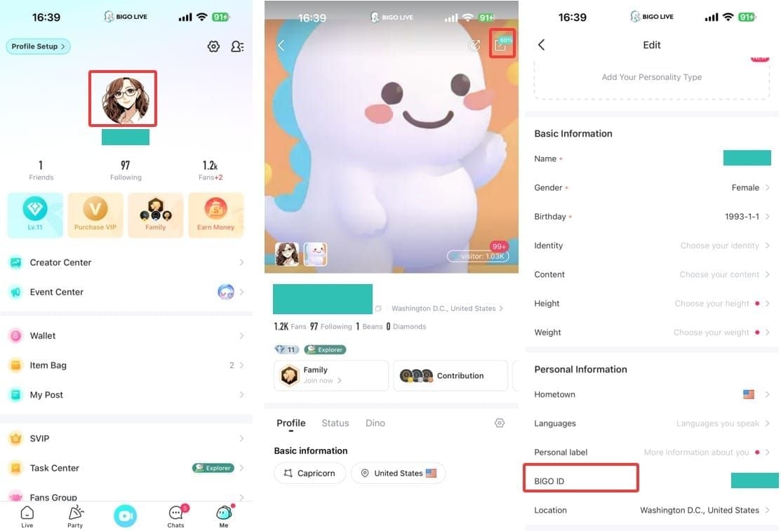 شاشة قسم Me في BIGO Live تظهر موقع BIGO ID تحت اسم المستخدم