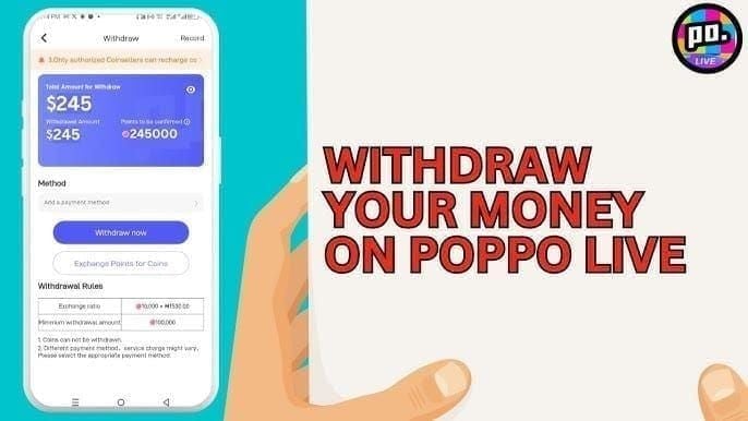 Screenshot of Poppo Live withdrawal page with minimum 100,000 points requirement