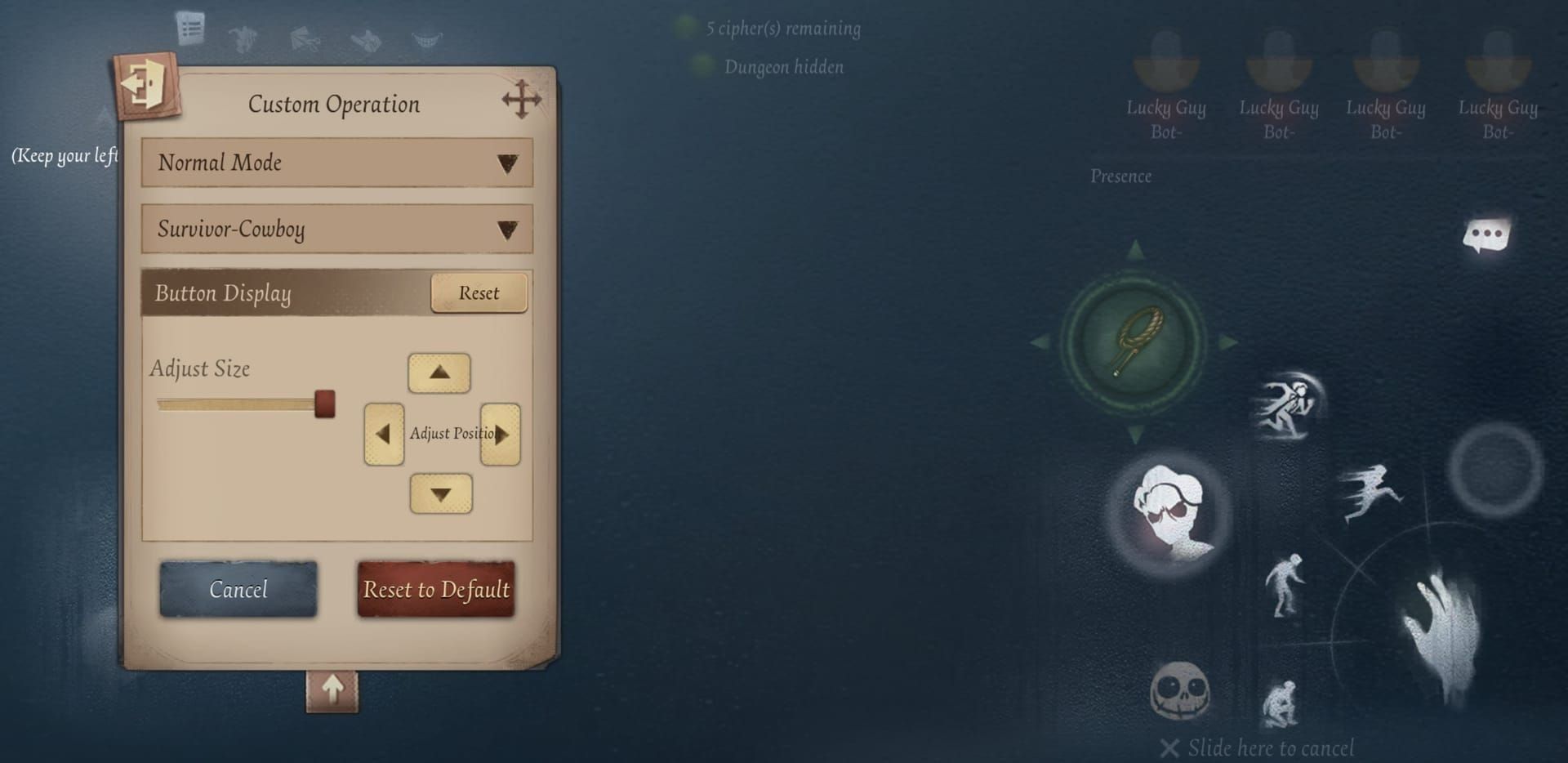 Identity V in-game camera interface showing public area button, camera icon, and shutter button for photo quests