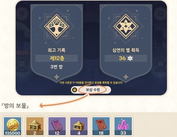 원신 나선비경 36성 클리어 보상 화면: 600 원석 획득