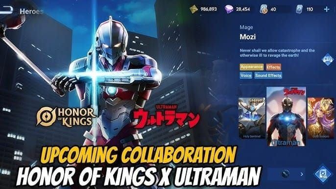 Honor of Kings Ultraman collaboration shop interface showing Legendary, Epic, and Rare skins with token prices