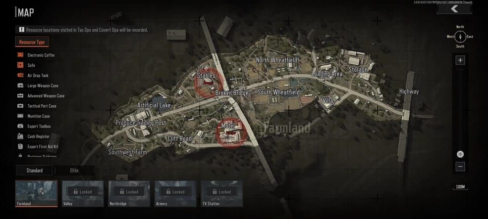 Arena Breakout Mobile South Route map with loot points for hideout materials