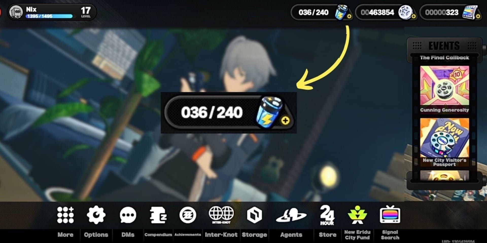 Zenless Zone Zero battery charge UI with regeneration and Coff Cafe coffee sources