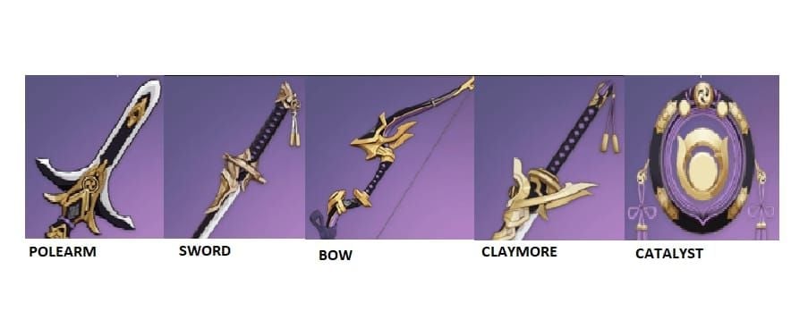 Genshin Impact relative damage comparison: Lightbearing Moonshard R1 vs Uraku Misugiri, Cinnabar Spindle R5, and other 4-star swords