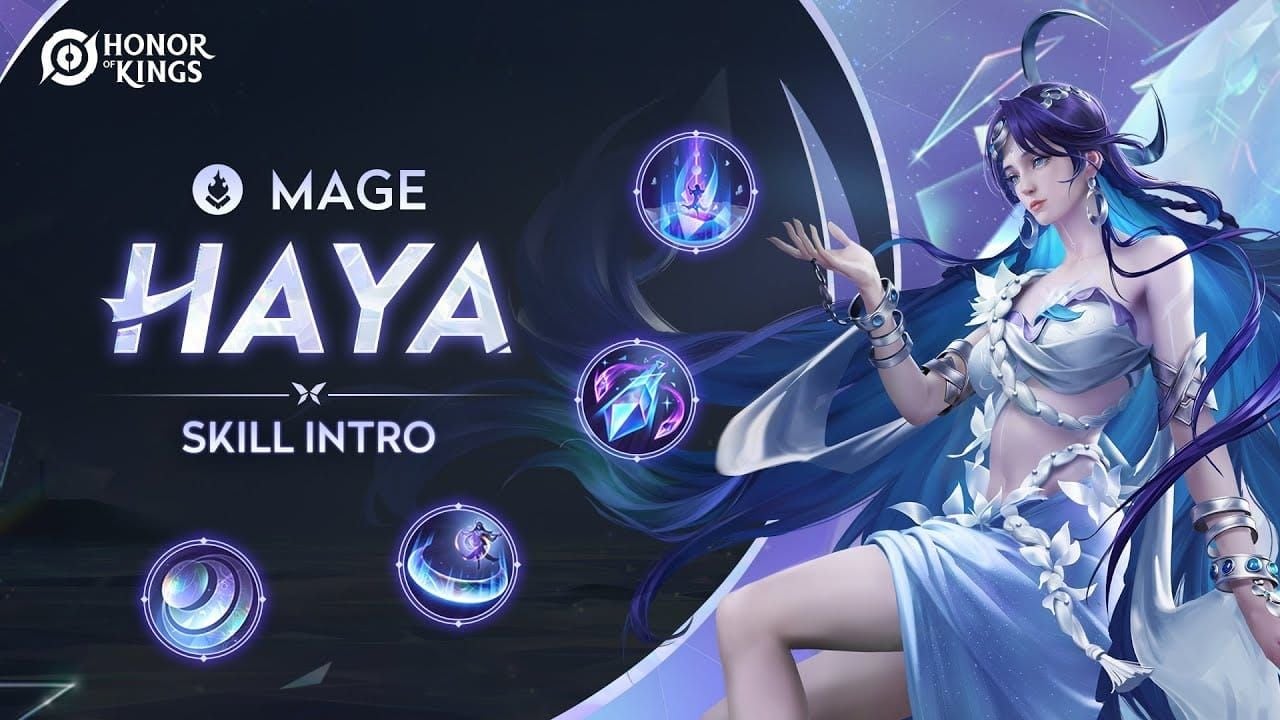 Honor of Kings Haya character artwork displaying skills Moon's Farewell, Crescent Wave, Wayward Rays, Moonscape Mirage