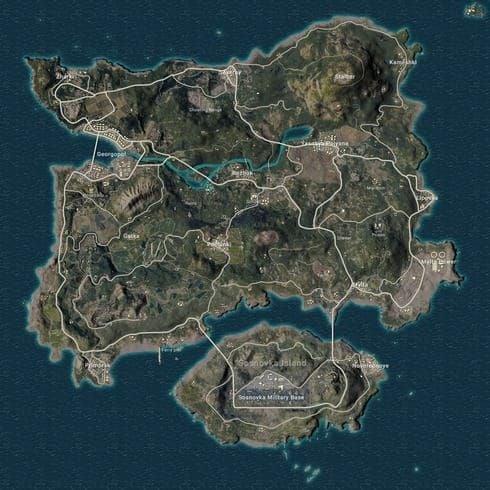PUBG Mobile Erangel map showing Primewood Barkle green spawn icons at Pochinki, Yasnaya, Mylta, Military Base