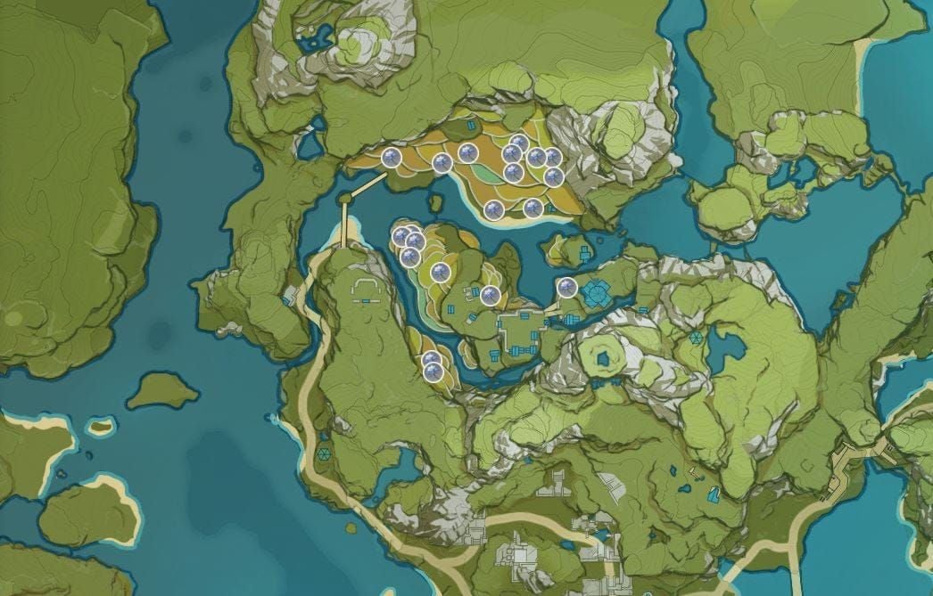 Genshin Impact map highlighting Glaze Lily farming spots in Qingce Village, Yujing Terrace, Feiyun Slope, and Liyue Harbor
