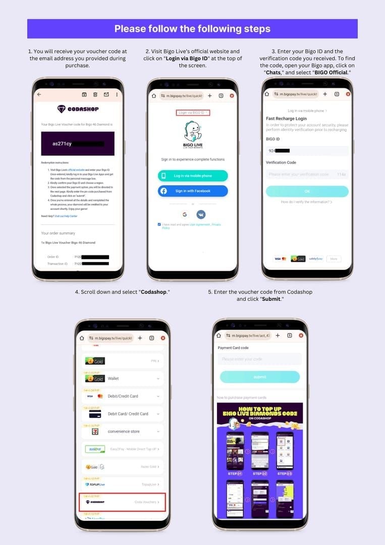 Bigo Live gift card redemption page with BIGO ID and PIN input