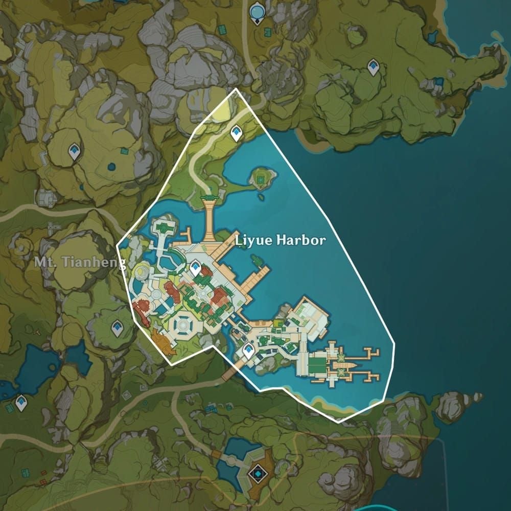 Genshin Impact map of Liyue Harbor showing Northern, Central, Southern, and Dockyard zones for Lantern Rite Fortune Coins