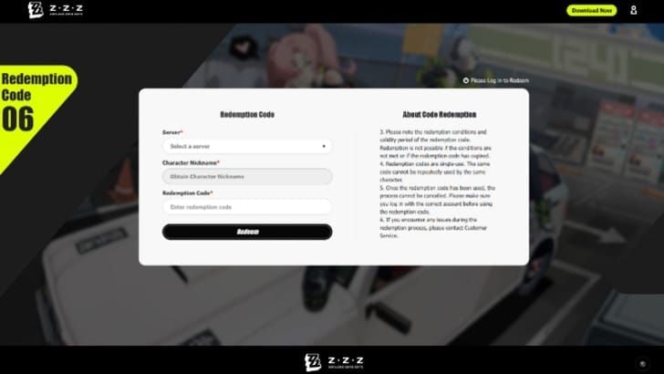 Zenless Zone Zero official code redemption website interface