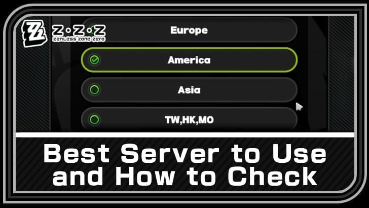 Zenless Zone Zero in-game server selection interface for Asia, Americas, Europe regions