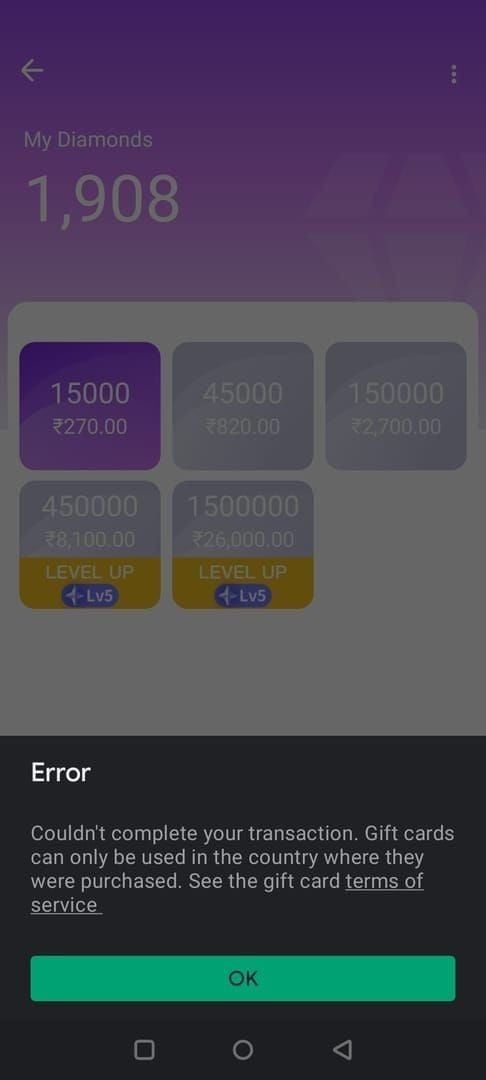Chamet diamonds top-up confirmation screen showing transaction ID and UID