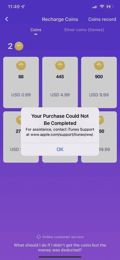 MICO Live coin recharge checkout interface with package selection
