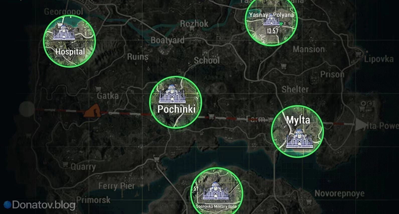 Карта Эрангеля PUBG Mobile с маршрутом на Мировом Древе для фарма Рогов Скорпиона